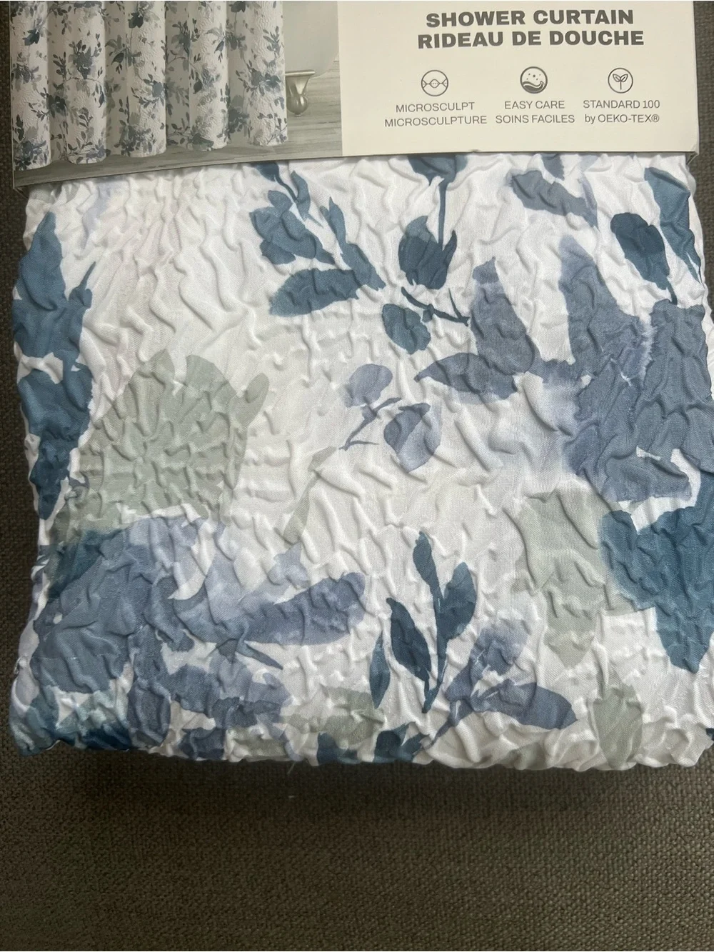 DKNY Floral Silhouette Microsculpt Fabric Shower Curtain White Blue Grey 72